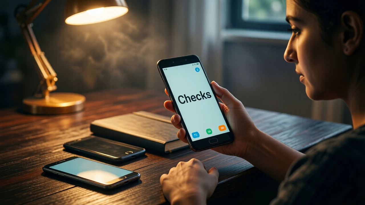 An Indian woman writer at a dark wooden desk in the evening under a warm lamp, two Android phones lying face up beside a closed notebook, looking at a third phone held in her own right hand with its screen showing the large word "Checks"