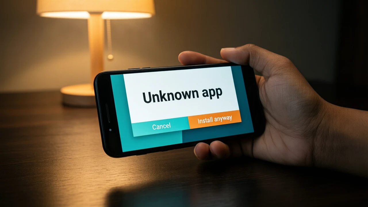 Close view of an Indian woman's own hand holding an Android phone over a dark wooden desk under a warm lamp, the screen showing a white panel with the large words "Unknown app" and below it two wide buttons reading "Cancel" and "Install anyway"