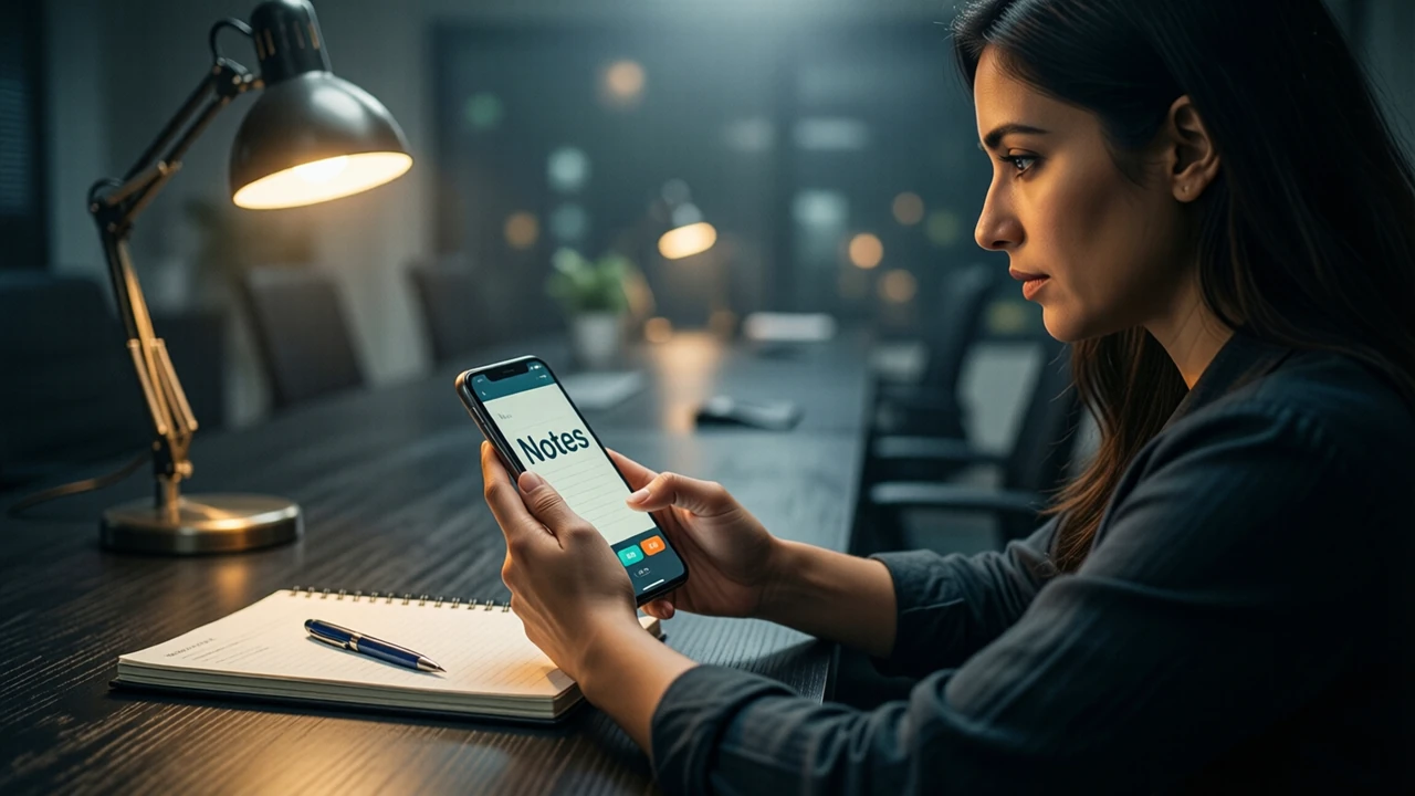 An Indian woman seen from the side at eye level at a long dark table in a quiet office at night, looking at the phone in her own hands, its screen showing the large word "Notes", a desk lamp and a paper notebook and pen beside her