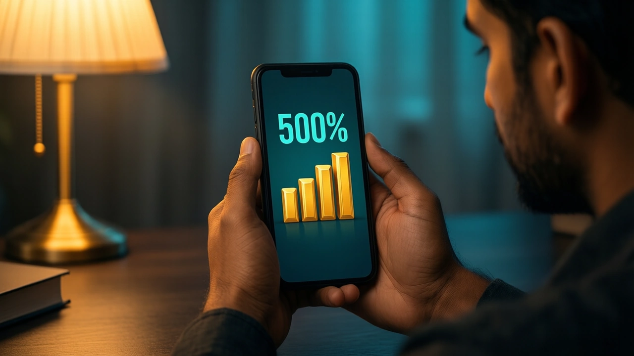 Three-quarter view of an Indian man at a dark desk in the evening, holding a phone at chest height in his own two hands, the screen showing the large number "500%" above four golden bars of different lengths side by side, warm lamp light from the left