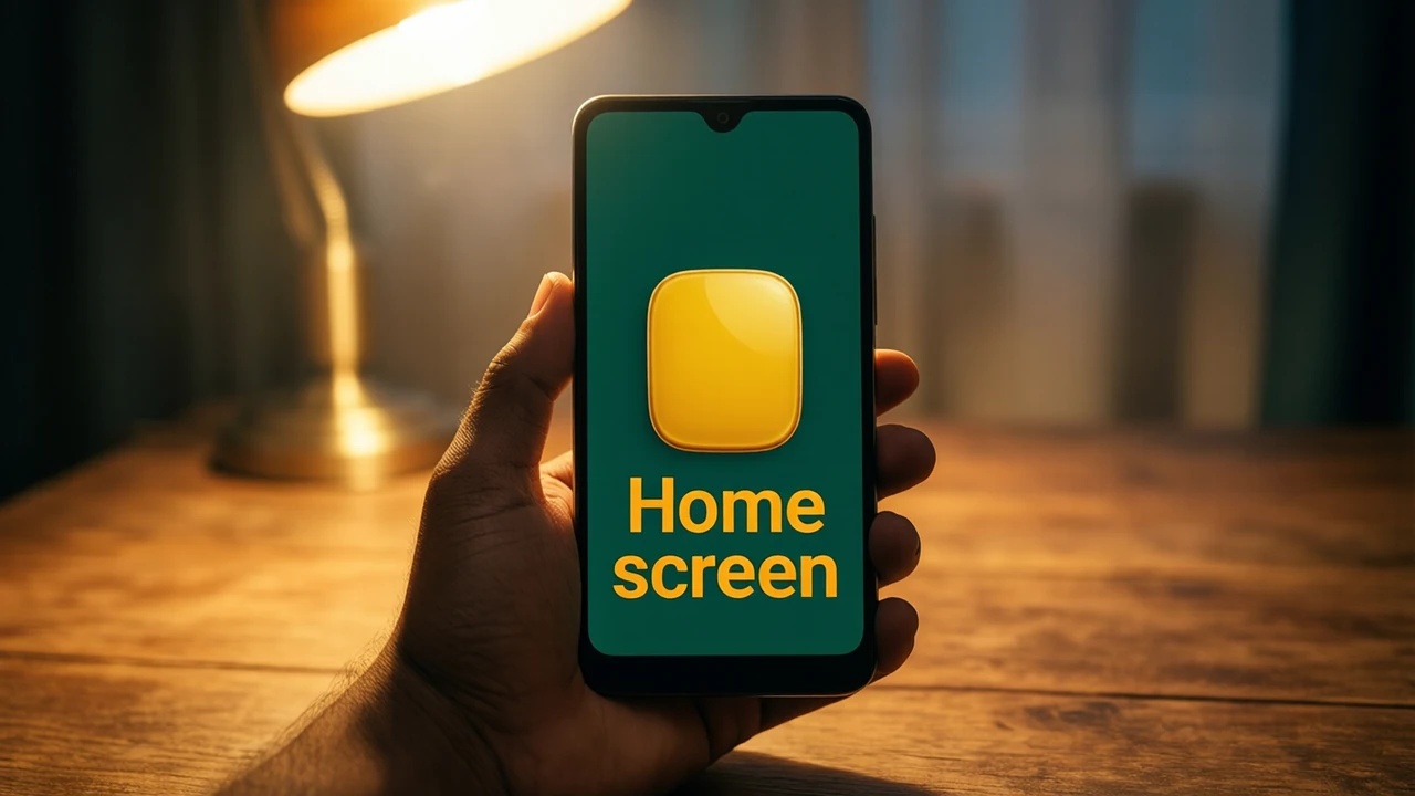 Close view of an Indian man's own right hand holding an Android phone upright at a wooden desk under warm evening lamp light, the screen plain dark green edge to edge showing one large golden yellow rounded tile in the centre and below it the two large words "Home screen"