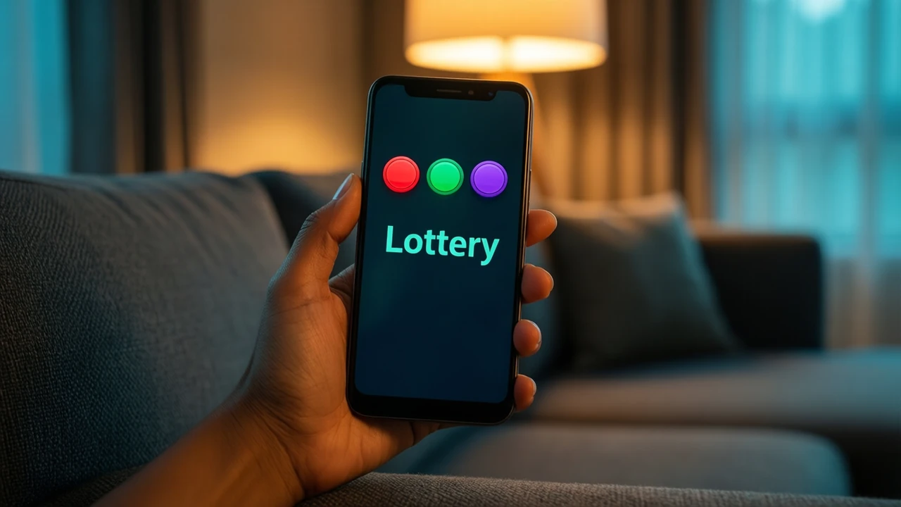 Close view of an Indian woman's own hand holding an Android phone at chest height on a sofa in the evening, the screen showing three large round buttons side by side in red, green and violet above the large word "Lottery", warm lamp light