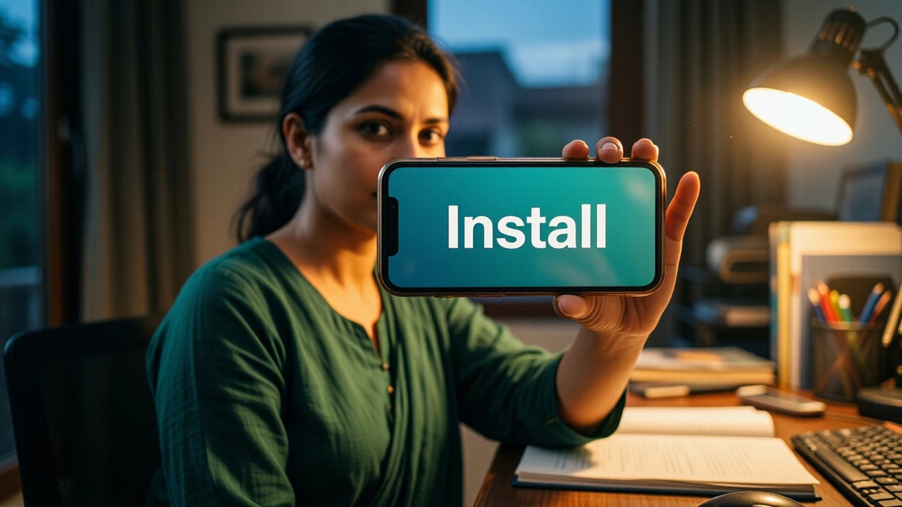 An Indian woman in her early thirties with tied-back hair and a dark green kurta, seated at a home desk in the evening and seen in three-quarter view, holding a phone close to the camera at chest height in her own two hands, the phone large in the frame with its screen turned toward us showing only the one large word "Install" in white on teal, warm lamp light