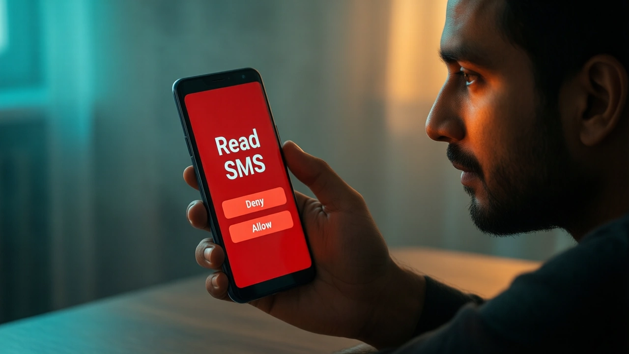 An Indian man seen from the side at eye level in a dim room, looking at the Android phone in his own left hand, the screen showing a red panel with the large words "Read SMS" and two wide buttons reading "Deny" and "Allow", the glow of the screen on his face