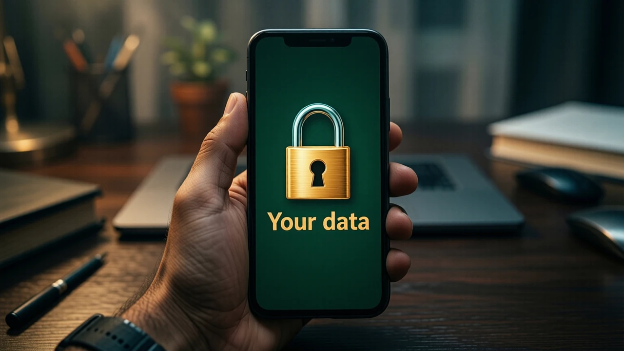 Close view of an Indian man's own hand holding a phone above a dark desk at night, the screen dark green and showing one large closed golden padlock with the two large words "Your data" beneath it