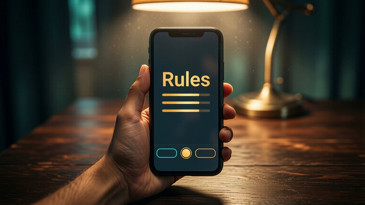 An Indian woman's own hand holding a phone upright over a dark wooden table under a warm lamp, the screen showing the large word "Rules" above three short golden lines of equal length