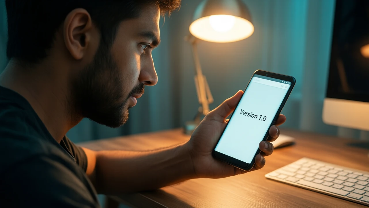 An Indian man seen from the side at eye level at a desk in the evening, looking at the Android phone in his own right hand, the screen showing a plain settings page with the large words "Version 1.0" in the middle, a desk lamp glowing behind him